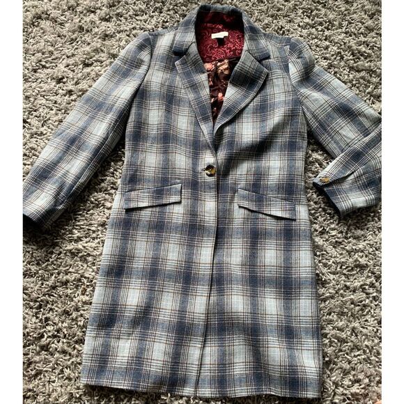 NWOT Sundance Catalog Blue ANNIE Plaid Wool lined LONG Jacket Coat sz SMALL - Picture 1 of 10